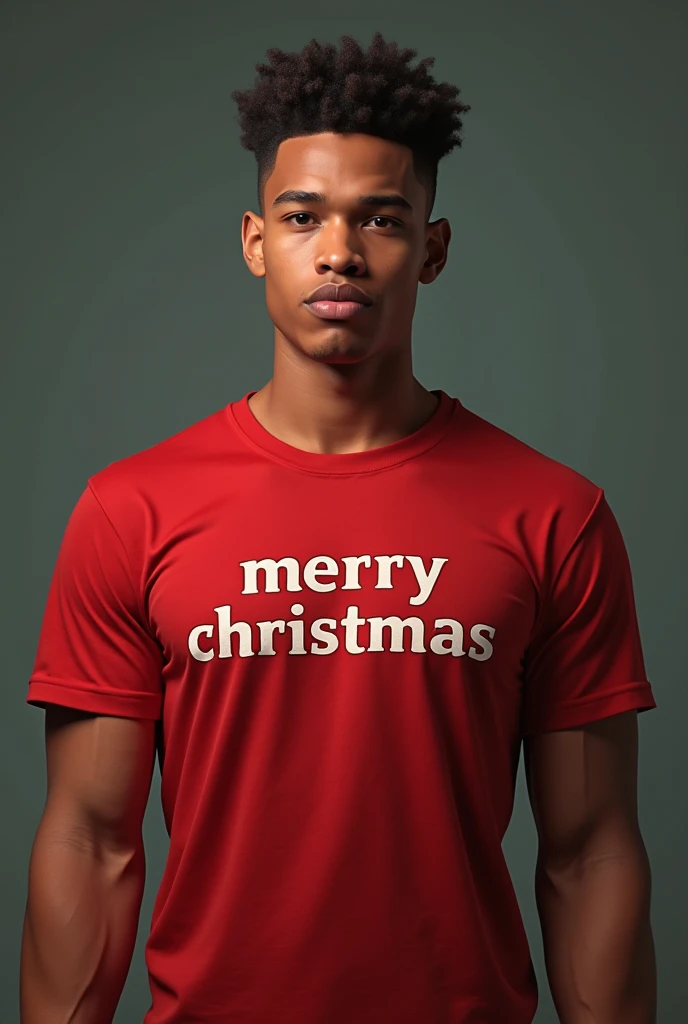 make a light brown tall stong boy with light brown skin and his chin shaped like a butt and wearing a red t-shirt that says “Tyrell from Antonio Merry Christmas” with realistic shadows 