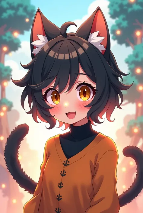 Male-femboy, orange eyes, messy short hair black white orange,  cat ears, cat tail, big eyes, cute, w-shaped smile
In anime style 