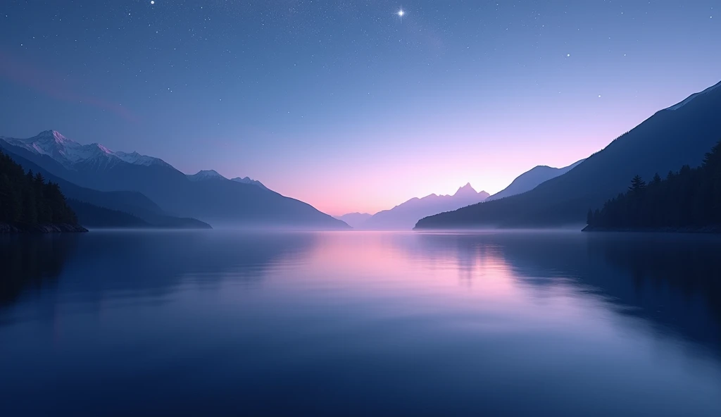 " A tranquil lake landscape at dusk ,  with calm waters reflecting the bright stars in the sky.  The scene conveys a profound sense of serenity , with soft light illuminating the water .  The sky is clear , cloudless,  and there is a sense of harmony and r...