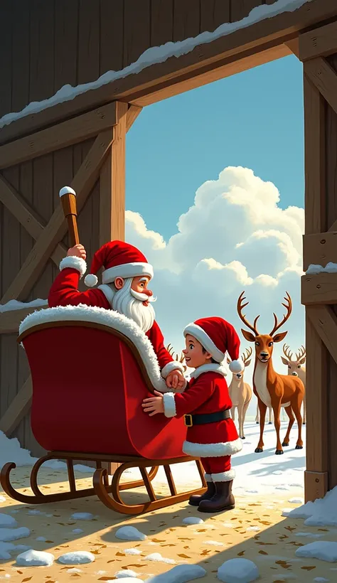 create an illustration of two elves, one elf washing Santas sleigh, in the background you can see another elf holding a raised sign. you can see eight reindeer in the background, each in its own trough. you can also see that the setting is a large stable w...