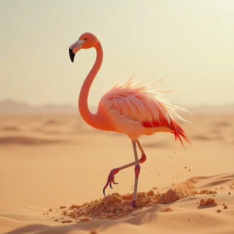 4k, detailed, ethereal flamingo with sand-infused feathers that blend seamlessly into a desert backdrop, its body seemingly formed from the shifting dunes, capturing the ephemeral nature of sand in the graceful curves of the flamingos pose