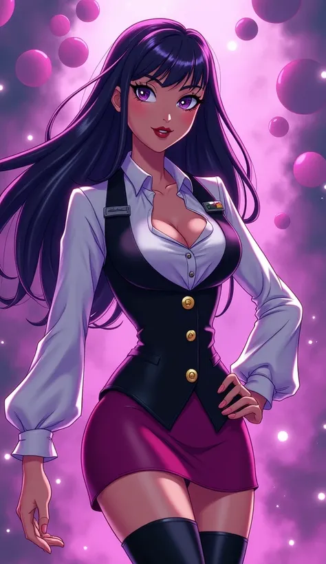 (Zatanna from DC Super Hero Girls 2019), (long purple hair), (straight purple hair), (sparkly purple hair), (magical purple hair) (Dark purple), (Zatanna is a beautiful teenage girl with fair skin and a distinctive hourglass figure), (thick light indigo ha...