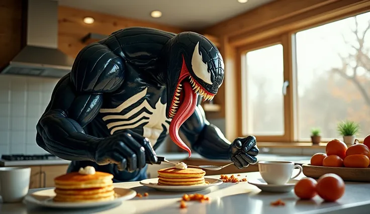 Capture a humorous and dynamic scene of Venom in a modern kitchen preparing breakfast, with his massive body and tentacles moving as he flips pancakes and pours coffee. Use a Sony A7R IV with a 35mm f/1.8 lens and Kodak Ektar 100 film for vibrant colors an...