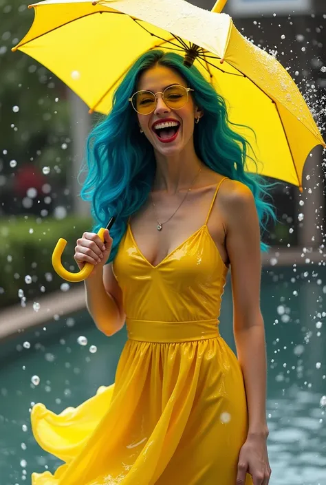 create of an extremely beautiful and sexy woman wearing a yellow vinyl dress (vibrant yellow). Her hair is bright navy blue with a synthetic appearance. She is laughing and posing sexy. She is holding an open umbrella. Water particles float all over the im...