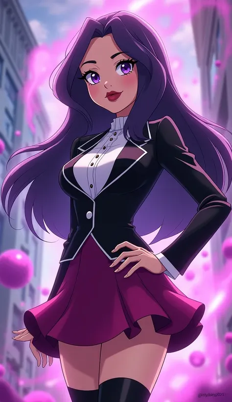 (Zatanna from DC Super Hero Girls 2019), (long purple hair), (straight purple hair), (sparkly purple hair), (magical purple hair) (Dark purple), (Zatanna is a beautiful teenage girl with fair skin and a distinctive hourglass figure), (thick light indigo ha...