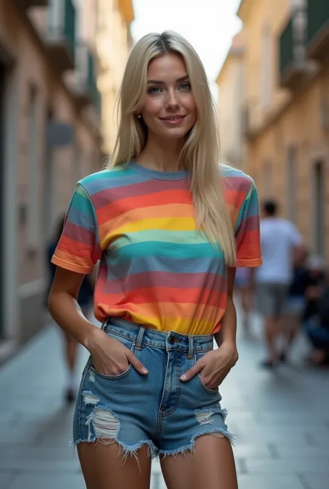 A beautiful busty blonde straight-haired blue eyed woman resembling like a French cinema actress, 21 years old, wearing rainbow t-shirt, and ripped denim mini-shorts, having humongous and enormous tits, highlighting her curves, smiling, feminist, stand up ...