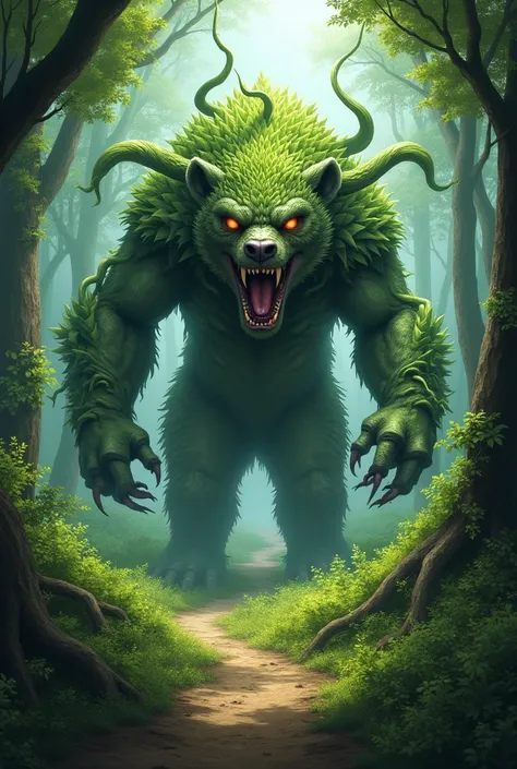  The image shows a fantastic creature in a dense and lush forest.  The creature is large ,  with the body covered by a mixture of green fur and scales ,  recalling a combination of a carnivorous plant and a bear It has a huge mouth, full of sharp teeth,  a...