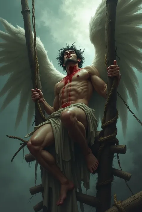  Lucifer Tied to a Vertical Wood ,with the Throated Throat , shedding blood,and in the background , a Mist With a Flash of Light in the Clouds 