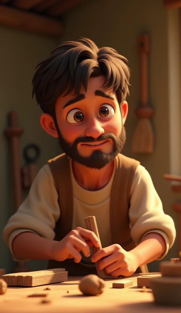 Disney Pixar style image 3D animation for ren with a charming, soft and captivating style. Joseph, a young carpenter with a kind but worried face, is working in his workshop. His clothes are simple, in earthy tones, and his posture is tired but determined....