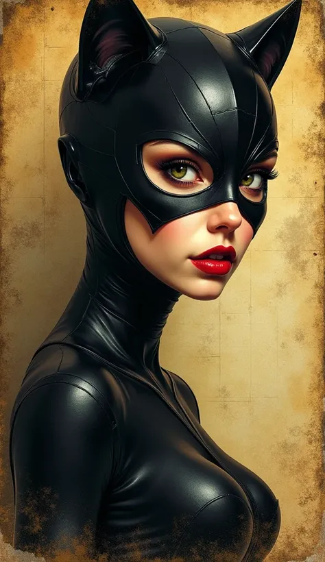 Ancient Catwoman painted on the yellowed page of an ancient book. High quality, perfect composition, beautiful eyes, intricate insanely detailed, 8k concept art, masterpiece, intricate, detailed fantasy, 64 megapixels, 8K, HDR, charming, light and shadows,...