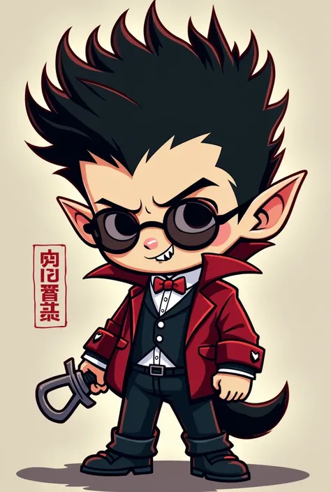 My personage,black low and thin round glasses,prickly wolf cut hair logo,animated chibi vampire head,yabujin,mafia, gir