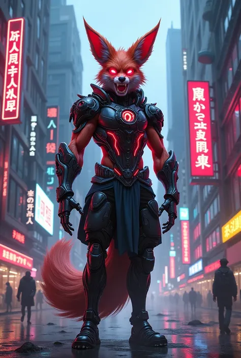 Create Naruto as a mutant fox in cyberpunk style 