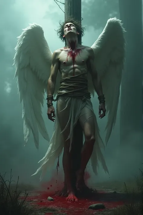  Lucifer Tied to a Vertical Wood and with a Sliced Throat Shedding Blood, And in the background a Thick Mist with a Flash of Light Emerging from the 