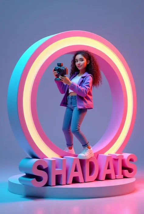 Circular 3d logo girl holding a camera and a ring of light doing a live on Facebook with the letters shadais in 3D