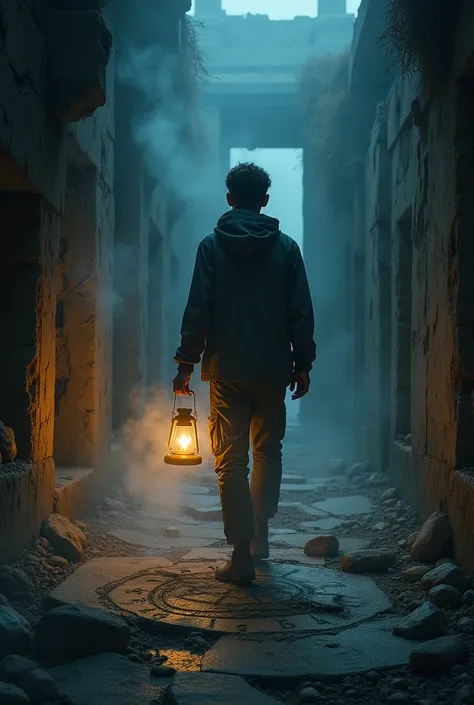 A young man holding a lantern, cautiously walking through ancient ruins at night. The lantern casts a warm, flickering glow, revealing crumbling walls and strange symbols etched into the ground. The scene is tense and suspenseful, with mist swirling around...