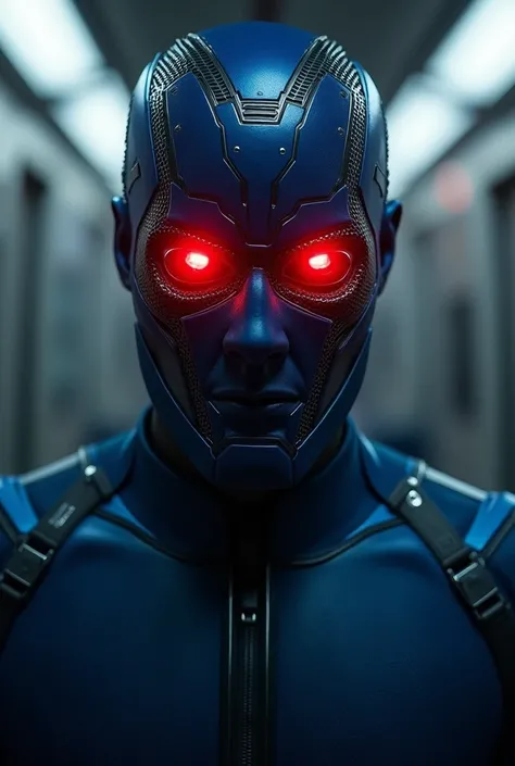 cyclops x man icon in a blue suit with a red light on his face, Henry Cavill, cyclops, futuristic red lens, seus olhos brilhando amarelo, x-man costume, Taron Egerton as Wolverine, no text, x man costume, vibrant fan art, red cyborg eyes, x-man bittersweet...