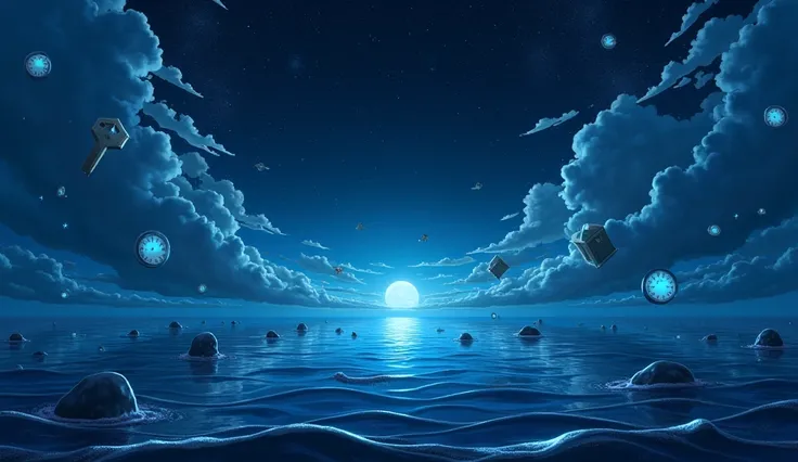 Anime A visual representation of the unconscious mind as an expansive ocean under a starry sky. On the surface, dreamlike symbols like clocks, keys, and doors float, representing the unconscious mind’s ability to store hidden emotions and memories. The atm...