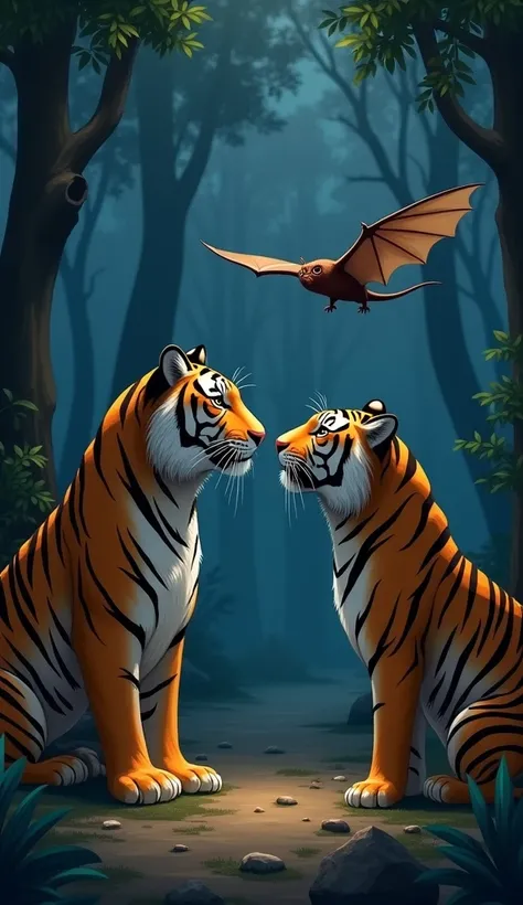 **Prompt para cena com tigre e morcego ( looking at each other):**  

" Draw a scene where a tiger and a bat are facing each other ,  staring at each other with curiosity or tension . The tiger is standing on the ground ,  in a firm and imposing posture , ...