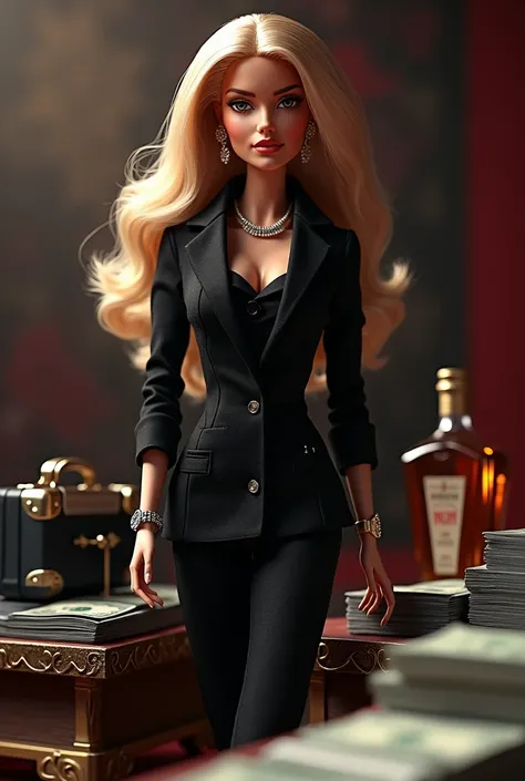 One barbie doll as a mafia boss (powerful , pretty , rich , black suit , money , weapons , alcohol…)