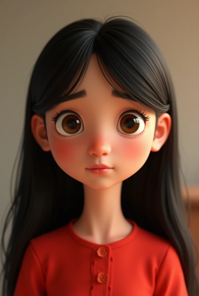 pixar type image, A girl who looks only at her face, with long black hair,  brown eyes,  small nose, small eyes, not so smiling.  White skin her ironed hair, her red blouse . 