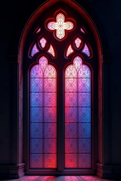 Can you generate an image of a gothic window with the sain glass having the colors red purple blue and a hint of pink?