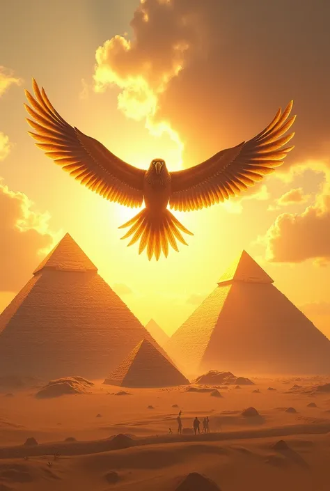  background God Horus flying in the sky above shining golden pyramids, day ,  as seen towards the spectator