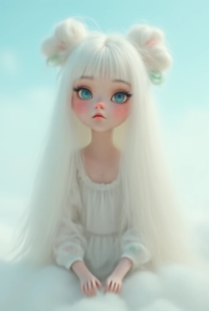 In a dreamy scene, a beautiful girl with long, ice-white hair styled into high space buns sits gracefully on fluffy white clouds. The tips of her hair are adorned with dark red and forest green ombré ends, adding a vibrant contrast to her striking look. He...