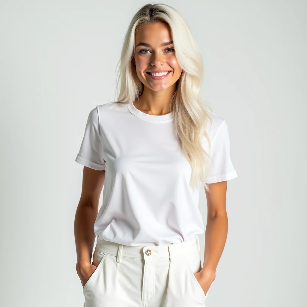 Create a 22-year-old white woman with a cheerful and smiling expression  ,  with large and penetrating blue eyes , Snow-white long hair straight very smooth and backwards wearing white t-shirt , standing , With your hands in the pockets of white shorts 
