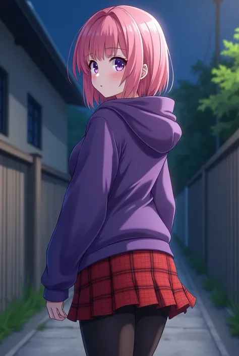  pink hair,Purple Eyes, shorter hair, pure white skin, curvy body , boyish,cool,Neutral, muscular, Tall,Beautiful breasts, nice butt,Im wearing a purple oversized hoodie,Red Check Skirt, black tights, anime style,Residential area at night, Ultra Fine, top ...