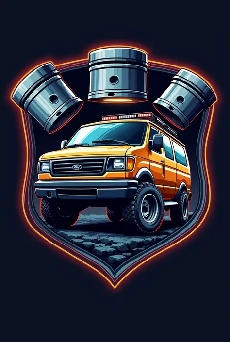 Shield of an auto repair shop with pistons and a gamer-style 4x4 van 