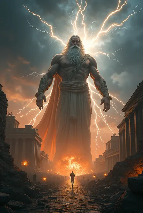 *" Zeus stands like a colossal and ferocious figure ,  with their exaggerated musculature defined as if it had been sculpted in divine marble .  Their outstretched arms launch multiple enormous rays that cross a dark and stormy sky ,  hitting a distant cit...