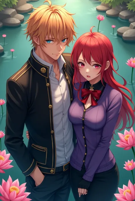 Couple absurd resolution ,  High resolution , 8 k, HDR, HD, intricate details, super detailed,  Julius Visconti ,  God Eater 2 , orange blond hair,  expressive blue eyes , One,  sexy man,  Beauty, adult face, sensual,  black fingerless gloves ,  with mid-s...