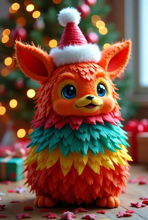 A piñata of a Labubo with a Christmas hat