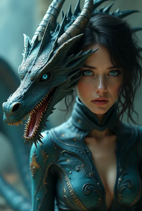 (best quality,8k,highres,masterpiece:1.2),ultra-detailed,(realistic,photorealistic,photo-realistic:1.37),beautiful woman, dragon, upper body, direct eye contact, fantasy, surreal, dramatic lighting, vibrant colors, intricate details, cinematic composition,...