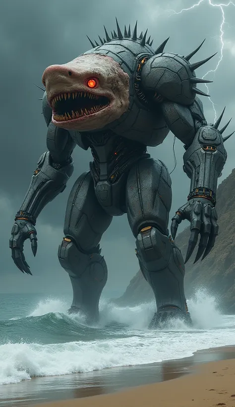 A colossal fusion of a hammerhead shark and a futuristic robot, towering over the shoreline where the ocean meets the sand. The creature’s massive hammer-shaped head features patches of exposed flesh and rough shark skin, with glowing red eyes embedded in ...