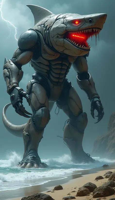 A colossal fusion of a hammerhead shark and a futuristic robot, towering over the shoreline where the ocean meets the sand. The creature’s massive hammer-shaped head features patches of exposed flesh and rough shark skin, with glowing red eyes embedded in ...