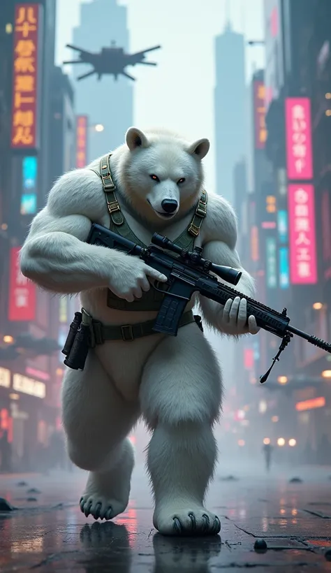 Imagine a huge white bear in human form ,  muscular and imposing , with his body covered with defined muscles and eyes shining with determination and wearing military clothes . It is in the middle of a large cyberpunk city with tall buildings with neon lig...