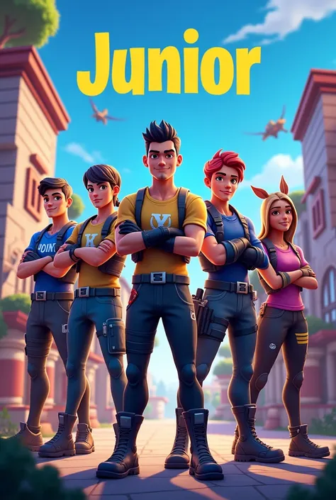 Créer une affiche avec une écriture lettre par lettre "junior" en français dans un style fortnite avec des personnages ultra détaillés
Mettre bien visible

Thème FORTNITE en arrière-plan.  