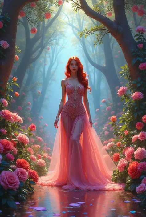 In a dream world full body a beautiful woman bayonetta, (red hair with white streaks), (perfect face), beauty, seductive, (voluptuous), (completely naked), (wide hips), (big breasts), athletic waist, ransport viewers into a realm of awe-inspiring beauty an...