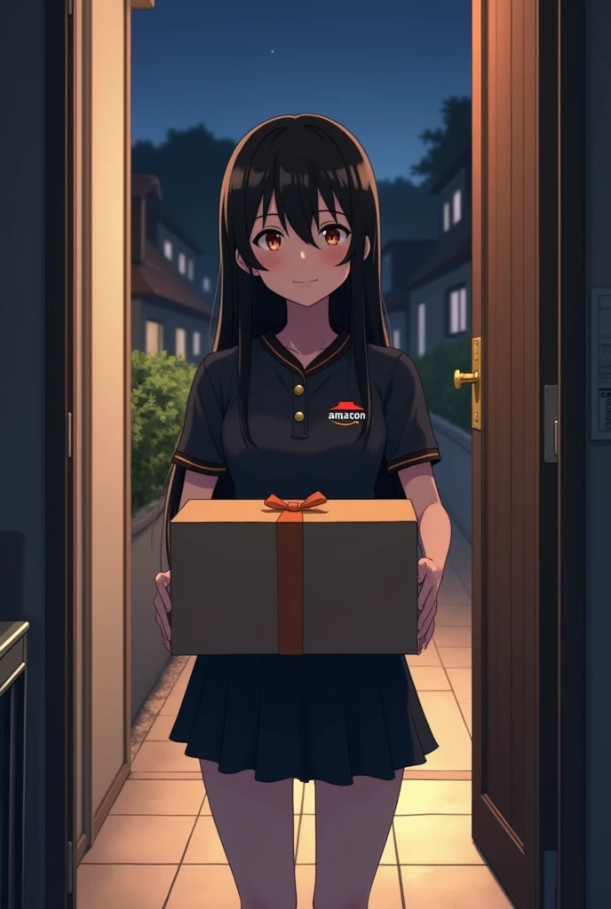 Delivery anime girl holding a rectangular box, standing front of a door, waiting at your door, waiting at door, home delivery, doors open in corner, long blavk hair, facial expression smug, facing front, pov, facing camera, mature woman, delivery hut, pizz...