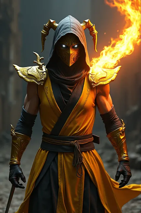 ninja /  with golden scorpion mask / golden scorpion / yellow and black outfit /  White eyes/ stream of fire with a kunai at the tip coming out of the right arm/  Scorpion-style shoulder pads from Mortal Kombat  