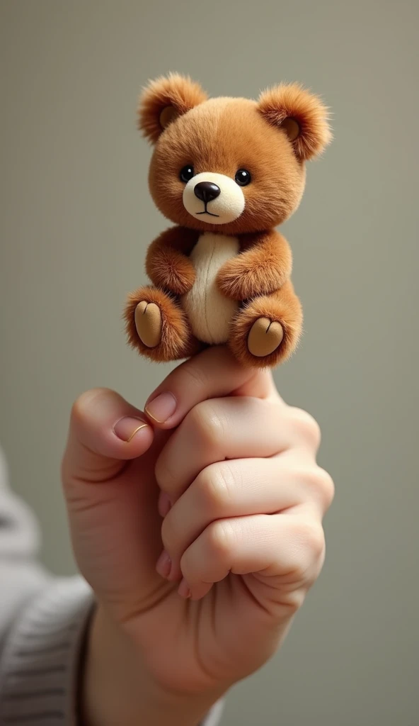 An adorable mini bear above the index finger of a human hand realistic scene