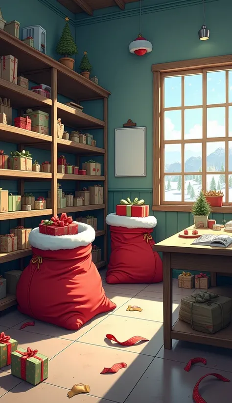 Create a realistic illustration of Santas toy factory. You can see that the shelves are empty and there are two large red bags with presents inside. You can also see that on the floor there are remains of wrapping paper, bows and decorative paper, and on a...