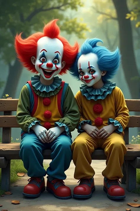 " Two clowns sitting on a wooden bench in a park .  One clown has bright red hair ,  a big smile and colorful and exaggerated clothes ,  while the other has a sad expression , Blue hair and a patched costume .  The scene is detailed with soft sunlight filt...