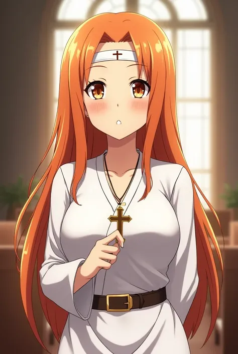   anime Asuna Yuuki with orange hair and orange eyes  , white outfit without accessories with belt   ;   she wears a Jesus necklace around her neck and a Bible and stands in a church she has a none cross band on her forehead 