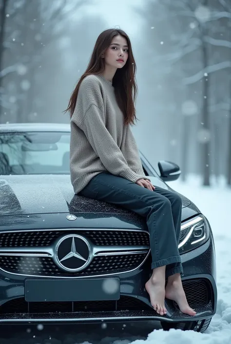  A girl sitting on the hood of a Mercedes car , with very realistic snowflakes , avec un peu de flou dans le fond,