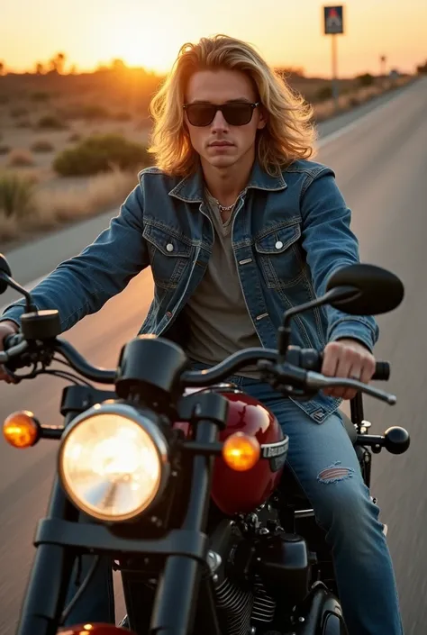  Photo high angle lens long shoot potoghrafy from the right angle of a handsome 25-year-old american male biker looks like a young Lorenzo Lamas in the movie "renegade " long haired blonde ,  black eyeglass ,  wears denim jacket ,  torn blue Cowboy pants a...