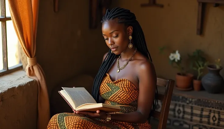 A young African woman of striking beauty, with a caramel complexion, soft features, and a generous build. She wears a simple dress in traditional colorful loincloth, her hair styled in thin braids that fall over her shoulders. She sits in a modest house, s...