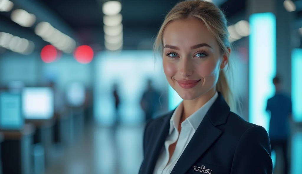  Create an image of a beautiful attendant ,  attractive and smiling ,  conveying sympathy and trust .  She must be in a modern and professional environment ,  representing a technology and security company .  The attendant must be looking directly at the c...