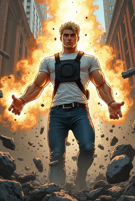 Graphic novel muscular hunk blond caucasian 18 year old Vaughn  Harris wearing white tshirt, black chest harness and Jeans telekinetic fury swirling debris in city comic book art in the style of Jim Lee 